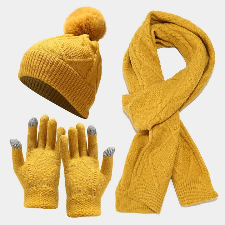 W&W Mode | 3-teiliges gestricktes Accessoire-Set - stylische Damenmütze, Schal und Handschuhe