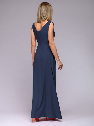 Damen elegantes Maxikleid mit tiefem V-Ausschnitt und Schlitz