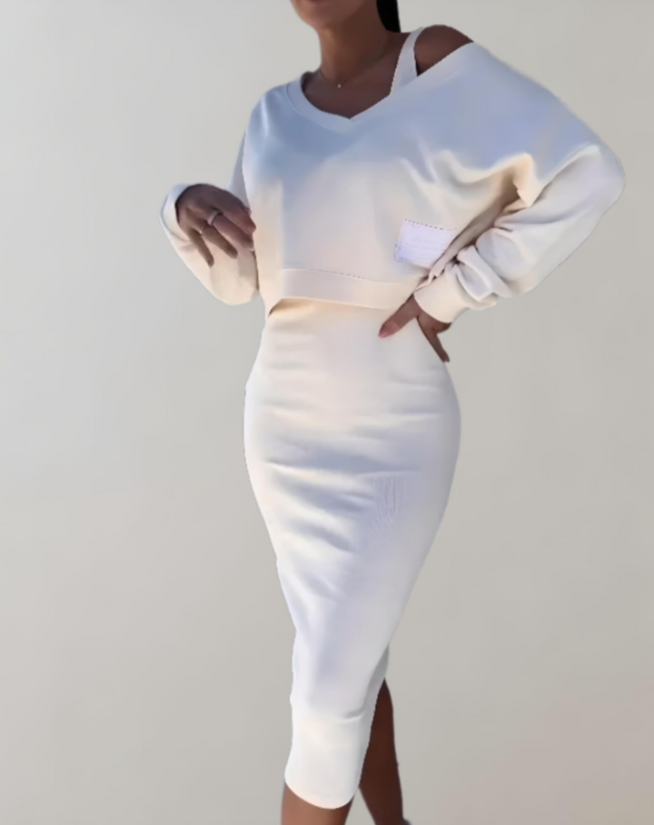 W&W Mode | 3-teiliges Strick-Set - V-Ausschnitt Top und Midi-Rock für Damen