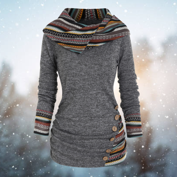 W&W Mode | mit Kapuze - Damen Fleece-Pullover mit Tribal-Muster