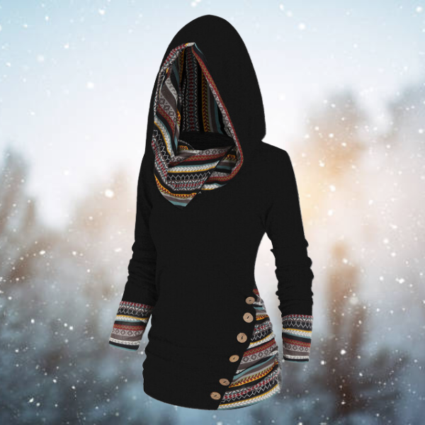 W&W Mode | mit Kapuze - Damen Fleece-Pullover mit Tribal-Muster