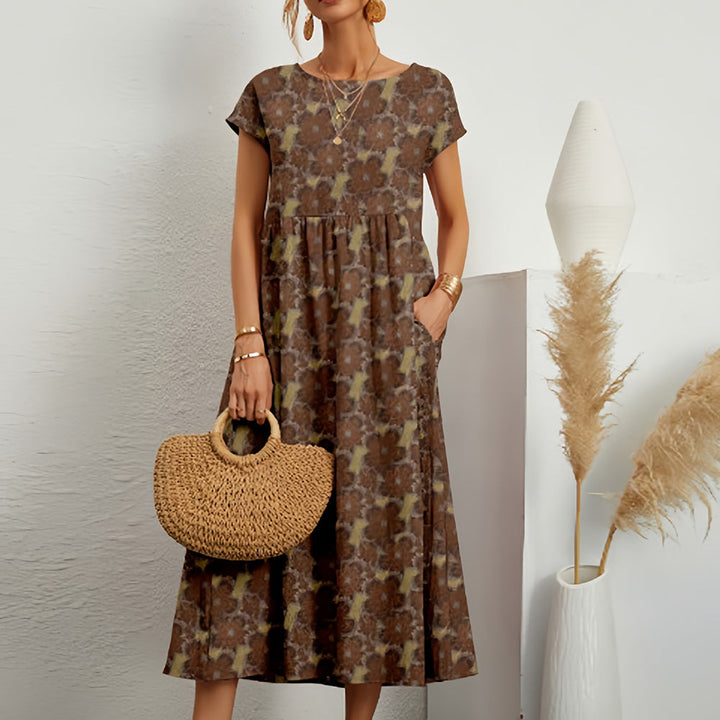 Damen Midikleid aus Baumwoll-Leinen-Mix mit Rundhalsausschnitt