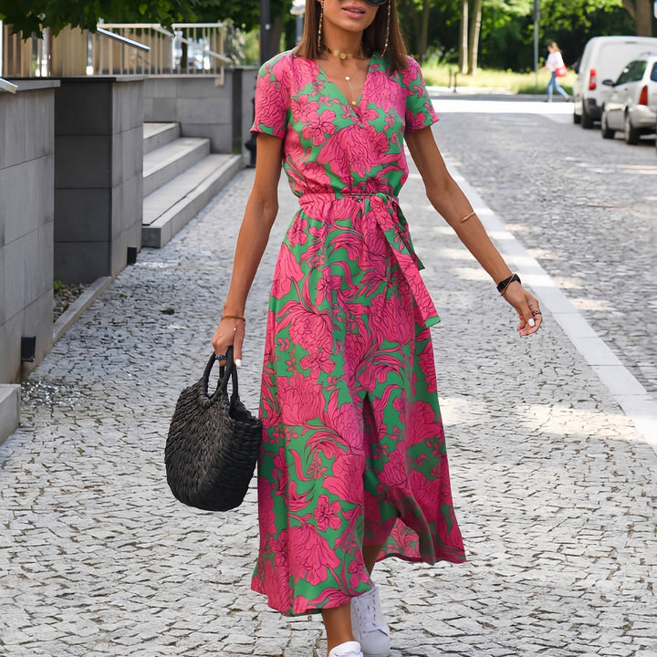 W&W Mode | bedrucktes V-Ausschnitt Sommerkleid mit Schlitz