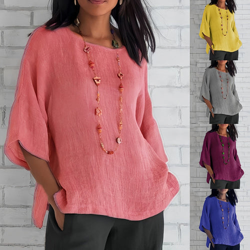 W&W Mode | Rosafarbenes, lockeres Rundhals-Shirt mit 3/4-Ärmeln für Damen
