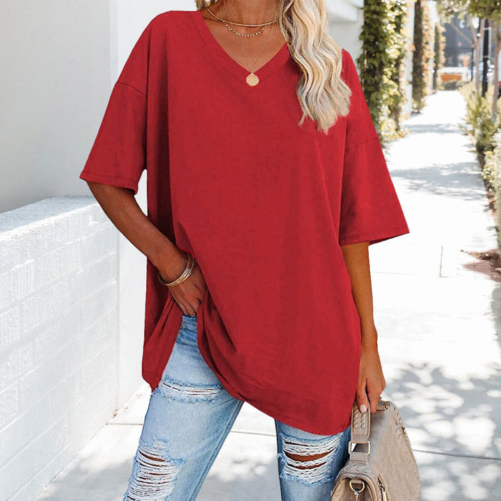 W&W Mode | einfarbiges neues Damen-T-Shirt aus Baumwolle mit V-Ausschnitt