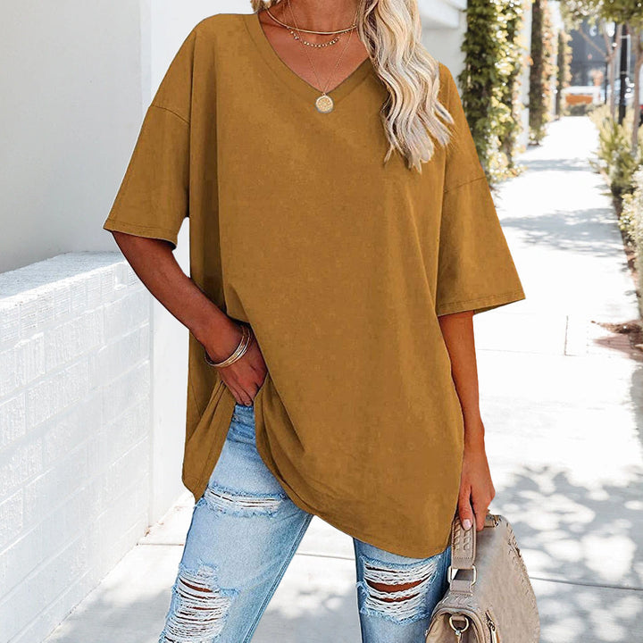 W&W Mode | einfarbiges neues Damen-T-Shirt aus Baumwolle mit V-Ausschnitt