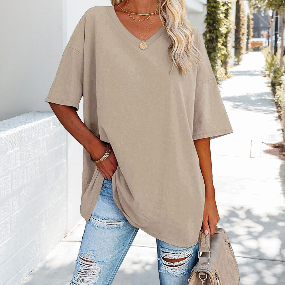 W&W Mode | einfarbiges neues Damen-T-Shirt aus Baumwolle mit V-Ausschnitt