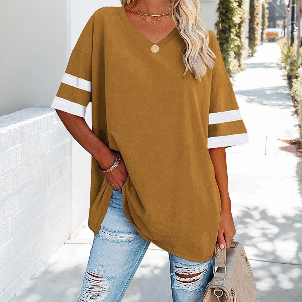 W&W Mode | Kontrastfarbenes, lockeres Damen-T-Shirt mit V-Ausschnitt