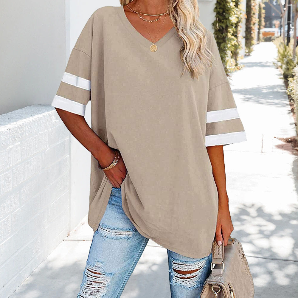W&W Mode | Kontrastfarbenes, lockeres Damen-T-Shirt mit V-Ausschnitt