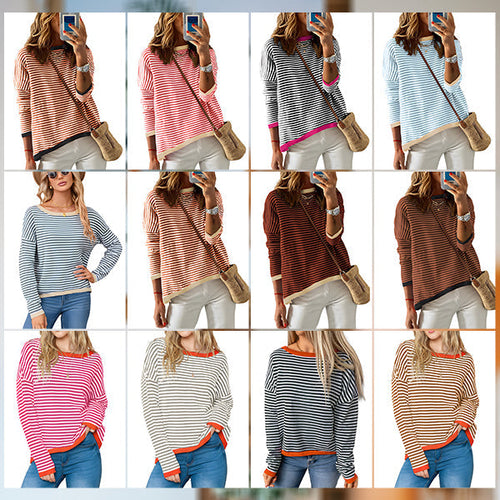 W&W Mode | Gestreiftes, Lockeres und Vielseitiges Langarm-Strickpullover-Top für Damen