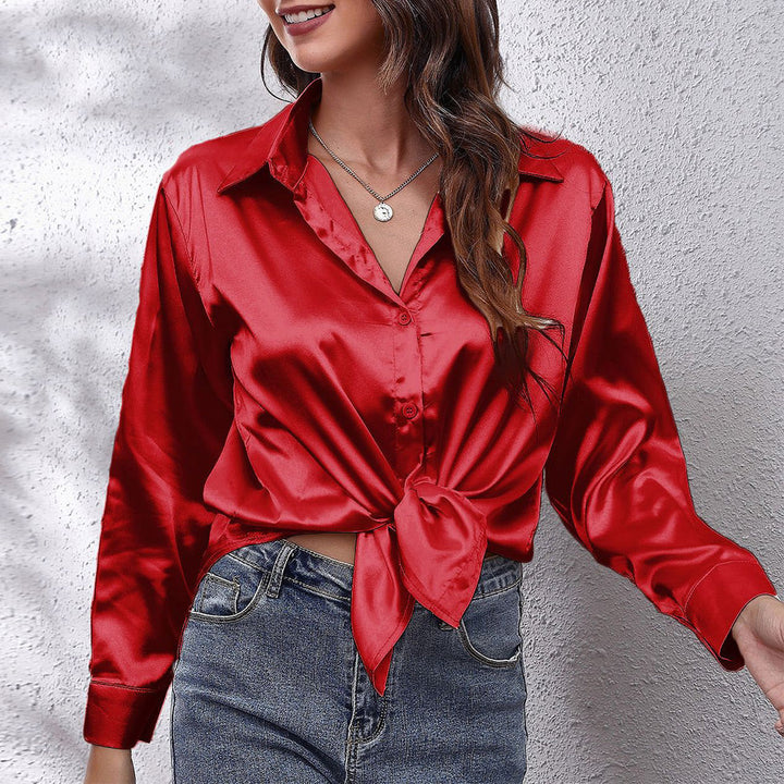 W&W Mode | einfarbiges Langarmshirt aus Satinimitatseide für Damen