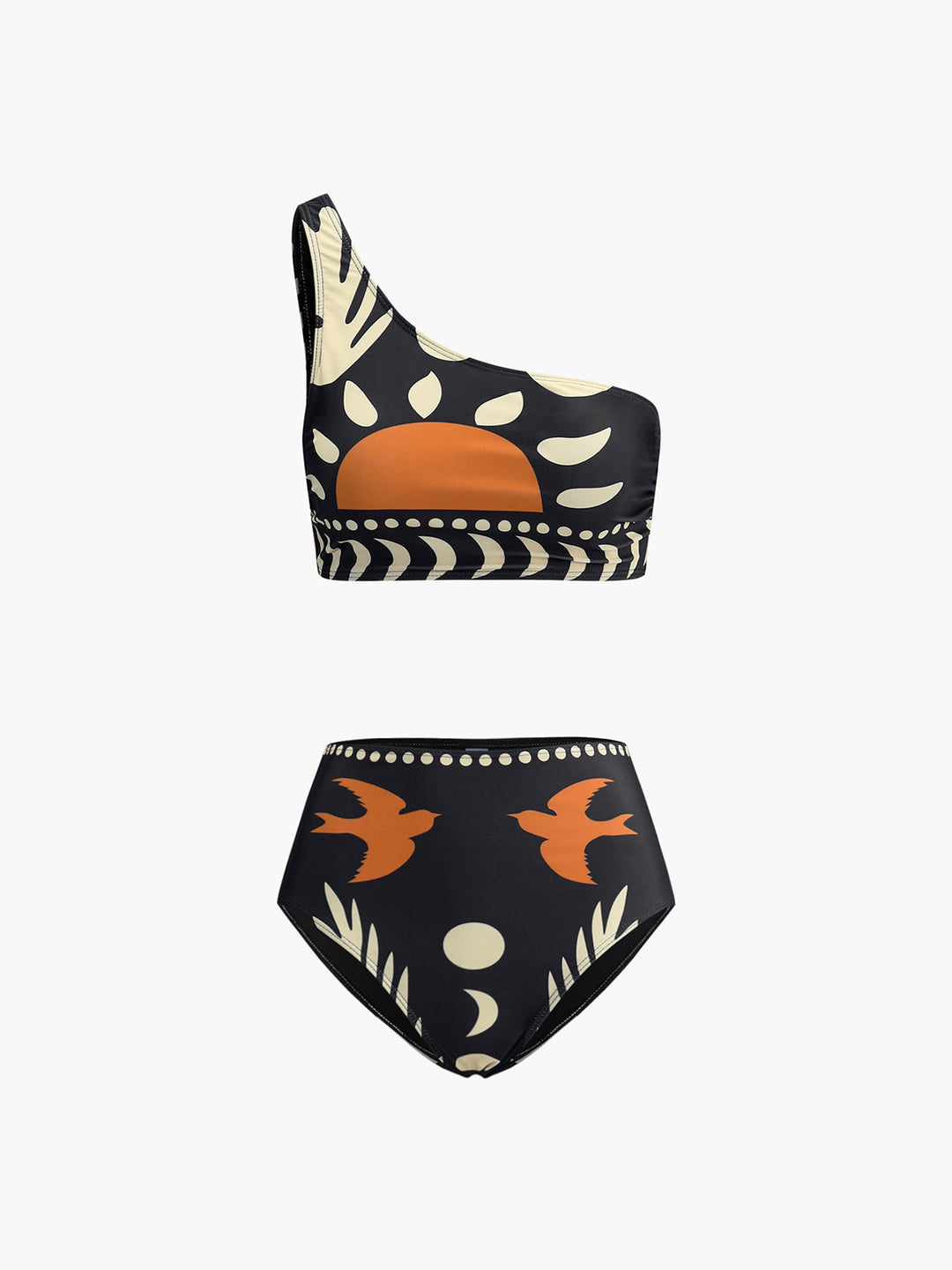 W&W Mode | Bikini Satz Asymmetrischer Hals Hoch Geschnitten Vogelprint Bademode