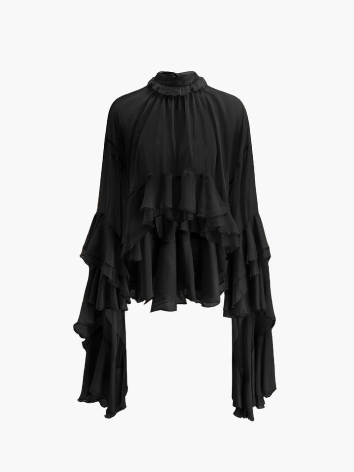 W&W Mode | Durchsichtige Turtleneck Rüsch Chiffon Bluse