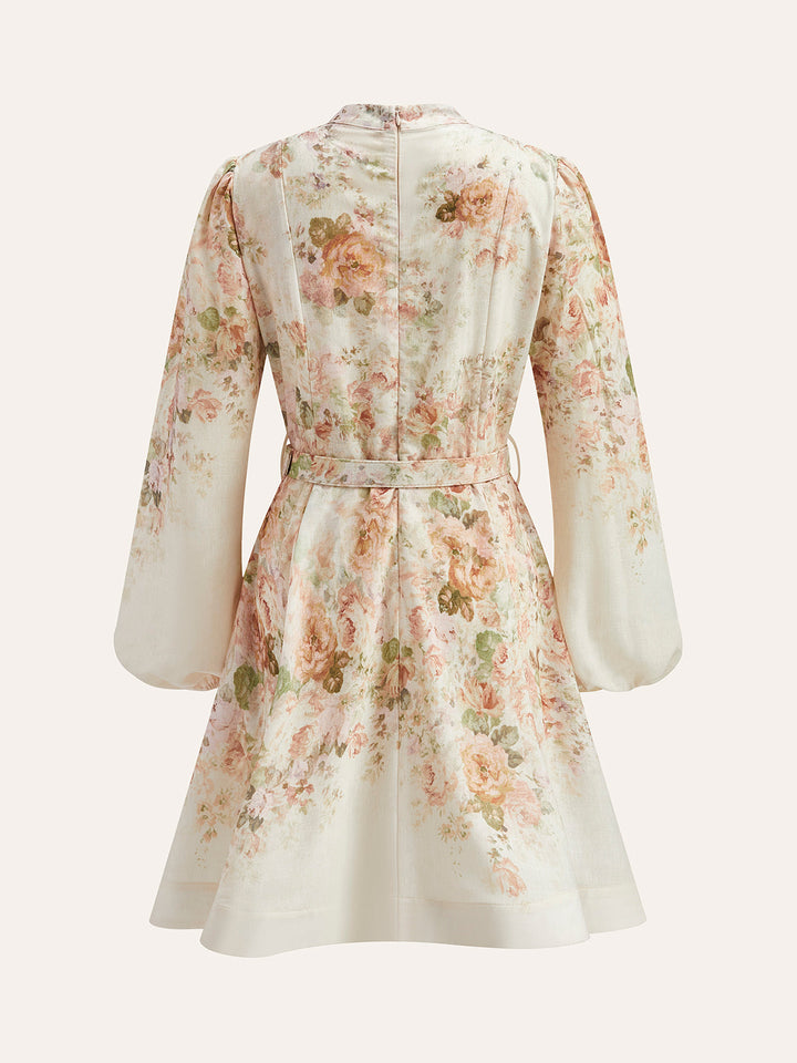 Damen Kleid aus Baumwoll-Leinen-Mix mit Blumenmuster, Puffärmeln und Gürtel