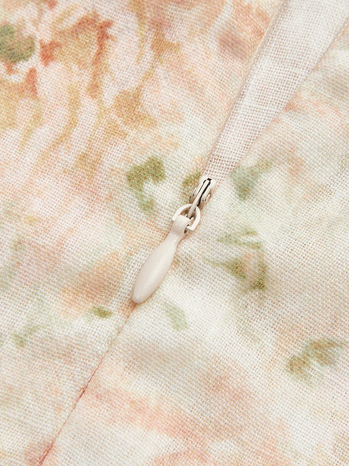 Damen Kleid aus Baumwoll-Leinen-Mix mit Blumenmuster, Puffärmeln und Gürtel