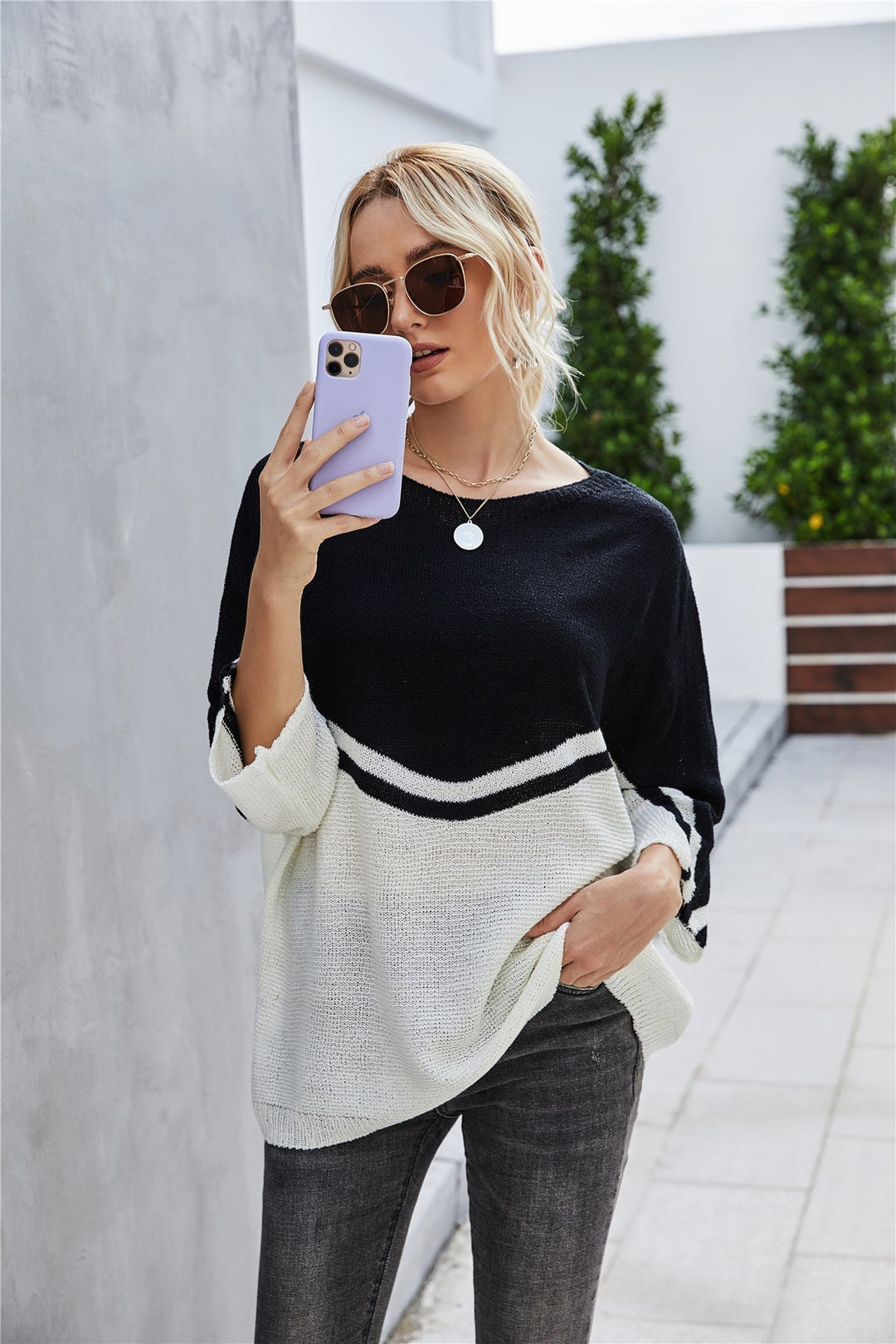 W&W Mode Strick Große Größe Fledermausärmel Strickpullover