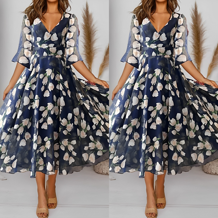 W&W Mode | Blumen-Sifonk-Kleid mit weitem V-Ausschnitt