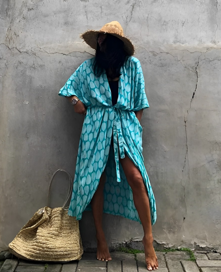 W&W Mode Retro Kimono | Langer, gemusterter Strandkimono mit Gürtel für Damen