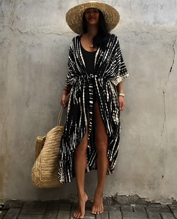 W&W Mode Retro Kimono | Langer, gemusterter Strandkimono mit Gürtel für Damen
