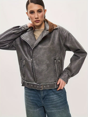 W&W Mode | Damen Oversize Lederjacke mit Gürtel