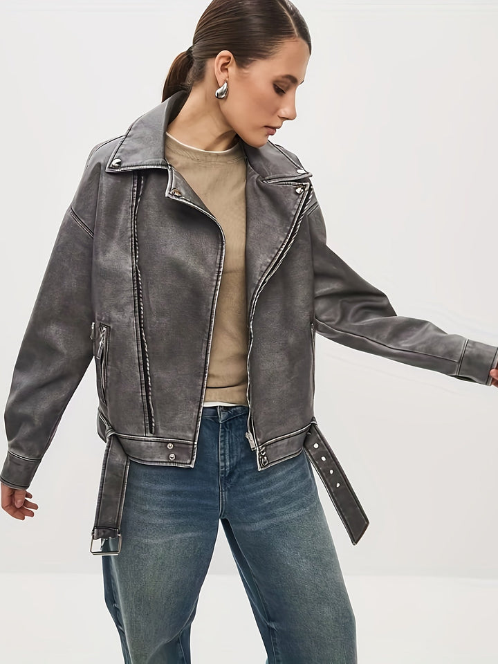 W&W Mode | Damen Oversize Lederjacke mit Gürtel
