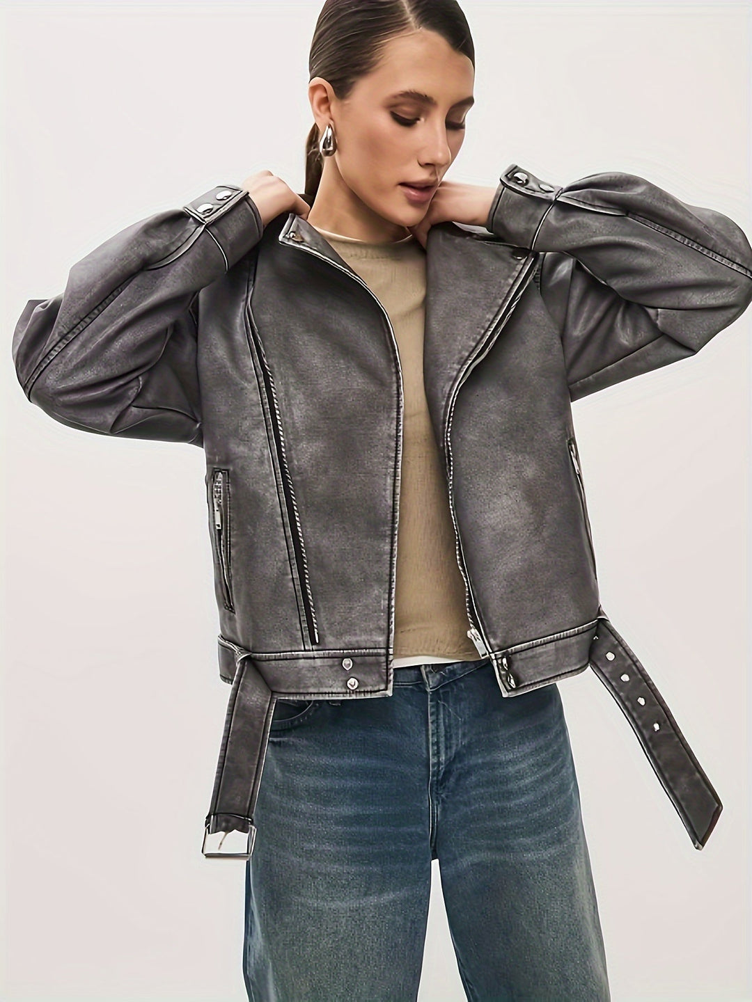W&W Mode | Damen Oversize Lederjacke mit Gürtel