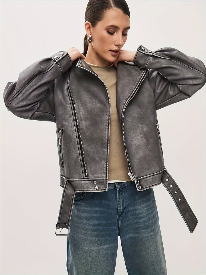 W&W Mode | Damen Oversize Lederjacke mit Gürtel