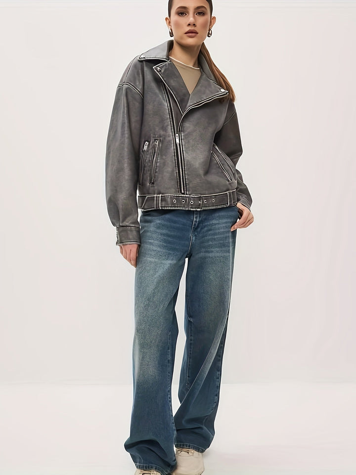 W&W Mode | Damen Oversize Lederjacke mit Gürtel