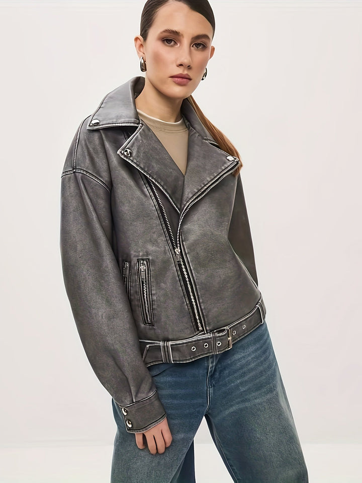 W&W Mode | Damen Oversize Lederjacke mit Gürtel