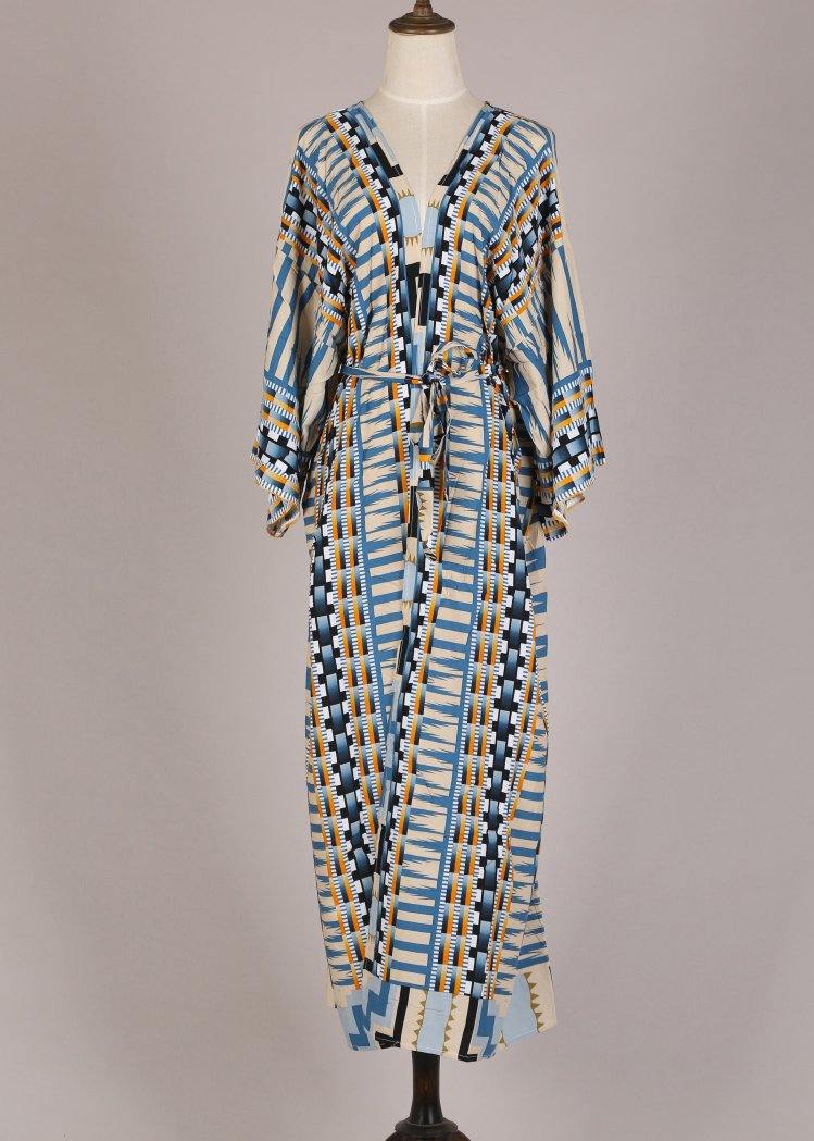 W&W Mode | Blauer Geometrischer Druck Kimono Bademantel