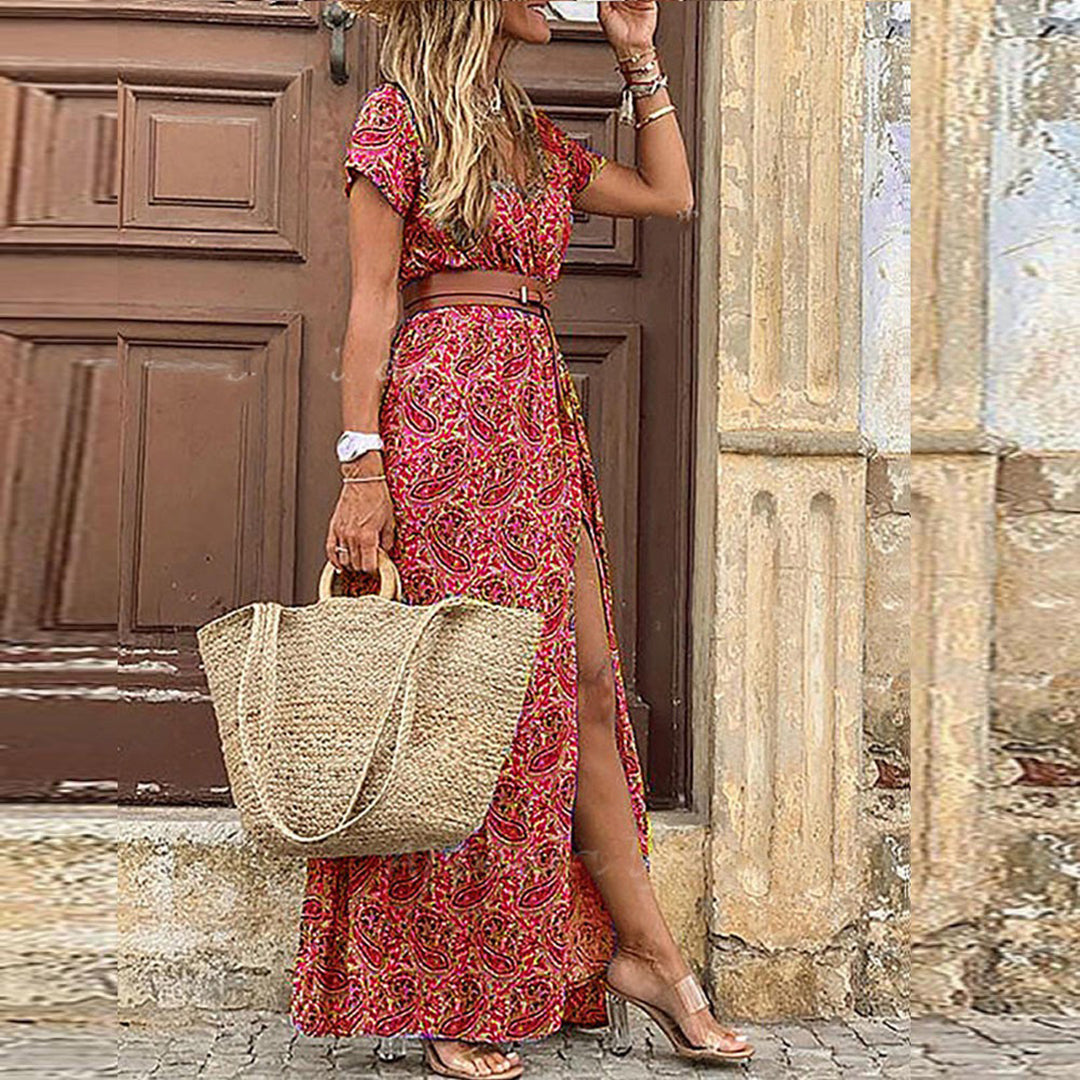 W&W Mode | Kleid Kurzarm Gürtel Maxikleid Sommerkleid