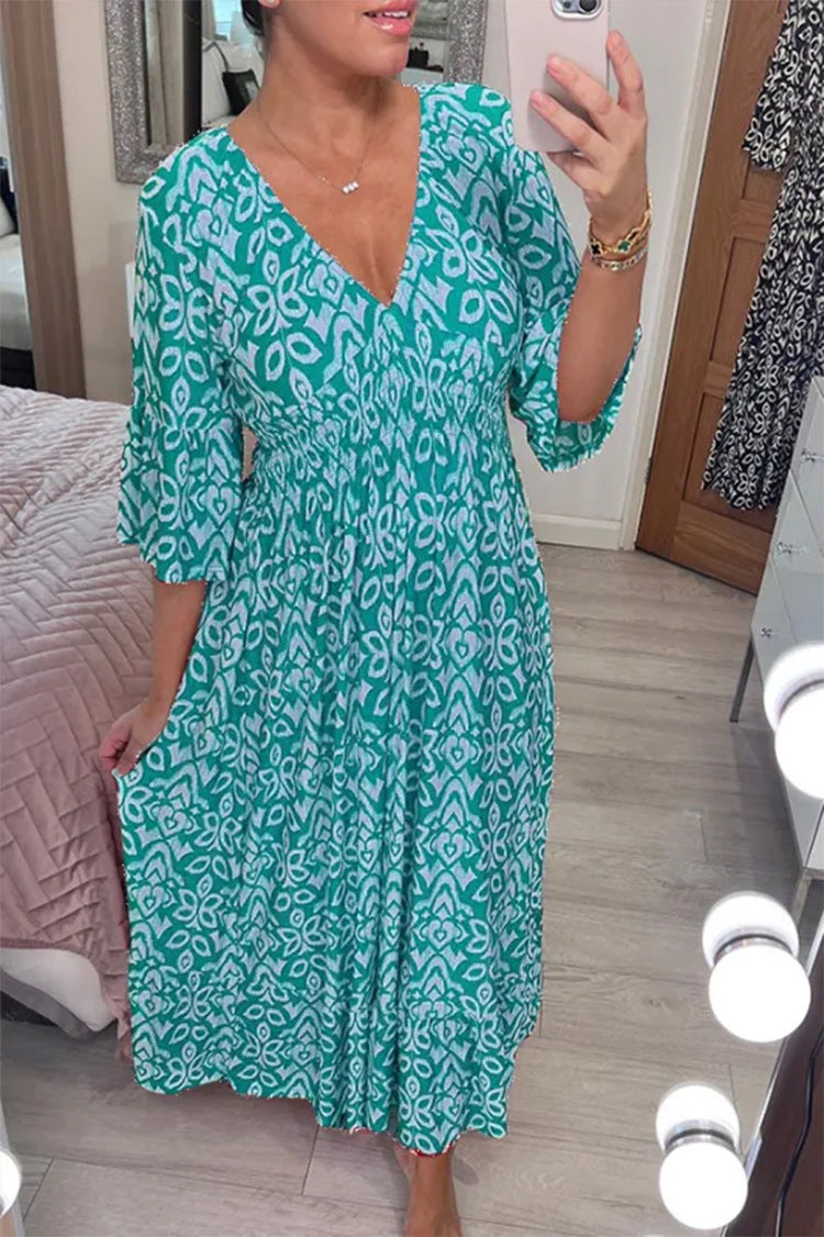 W&W Mode | Kleid V-Ausschnitt Halbe Ärmel Maxikleid Freizeitkleid
