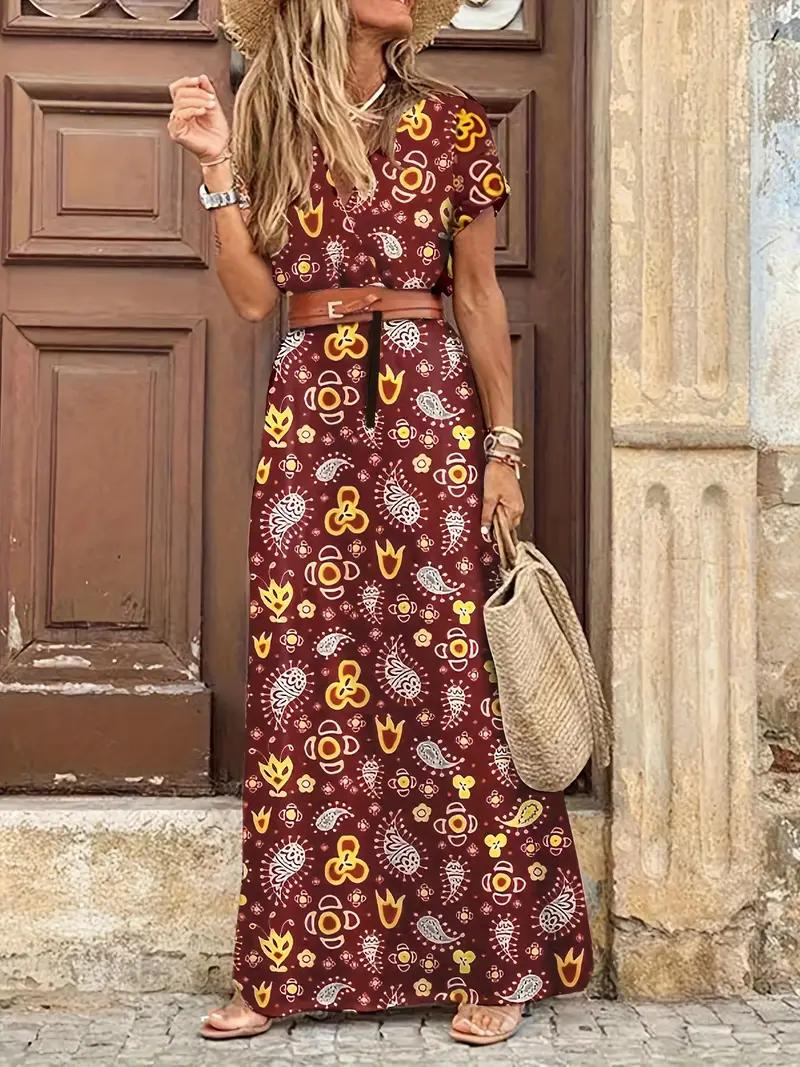 Damen-Sommermaxikleid mit kurzen Ärmeln und Taillengürtel