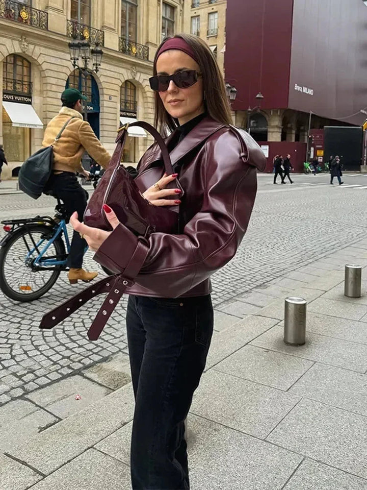 W&W Mode | Lederjacke Damen Kunstleder Bikerjacke mit Gürtel