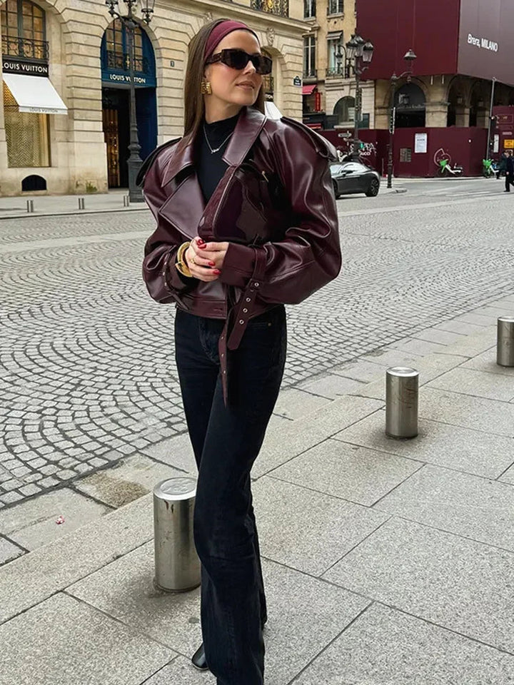 W&W Mode | Lederjacke Damen Kunstleder Bikerjacke mit Gürtel