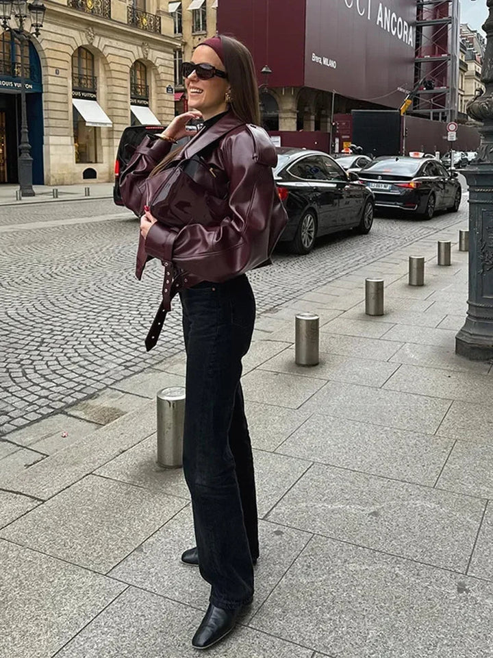 W&W Mode | Lederjacke Damen Kunstleder Bikerjacke mit Gürtel