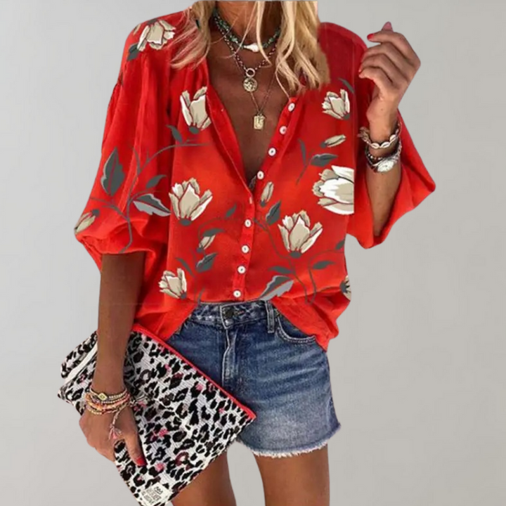 W&W Mode Sommerbluse | Lässige Damenbluse mit Blumenmuster und Knöpfen