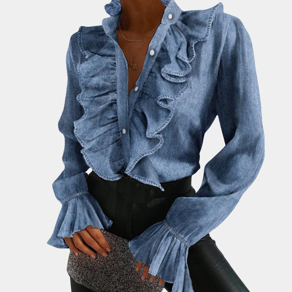 W&W Mode | Denim-Bluse mit Rüschen und Knopfleiste für Damen