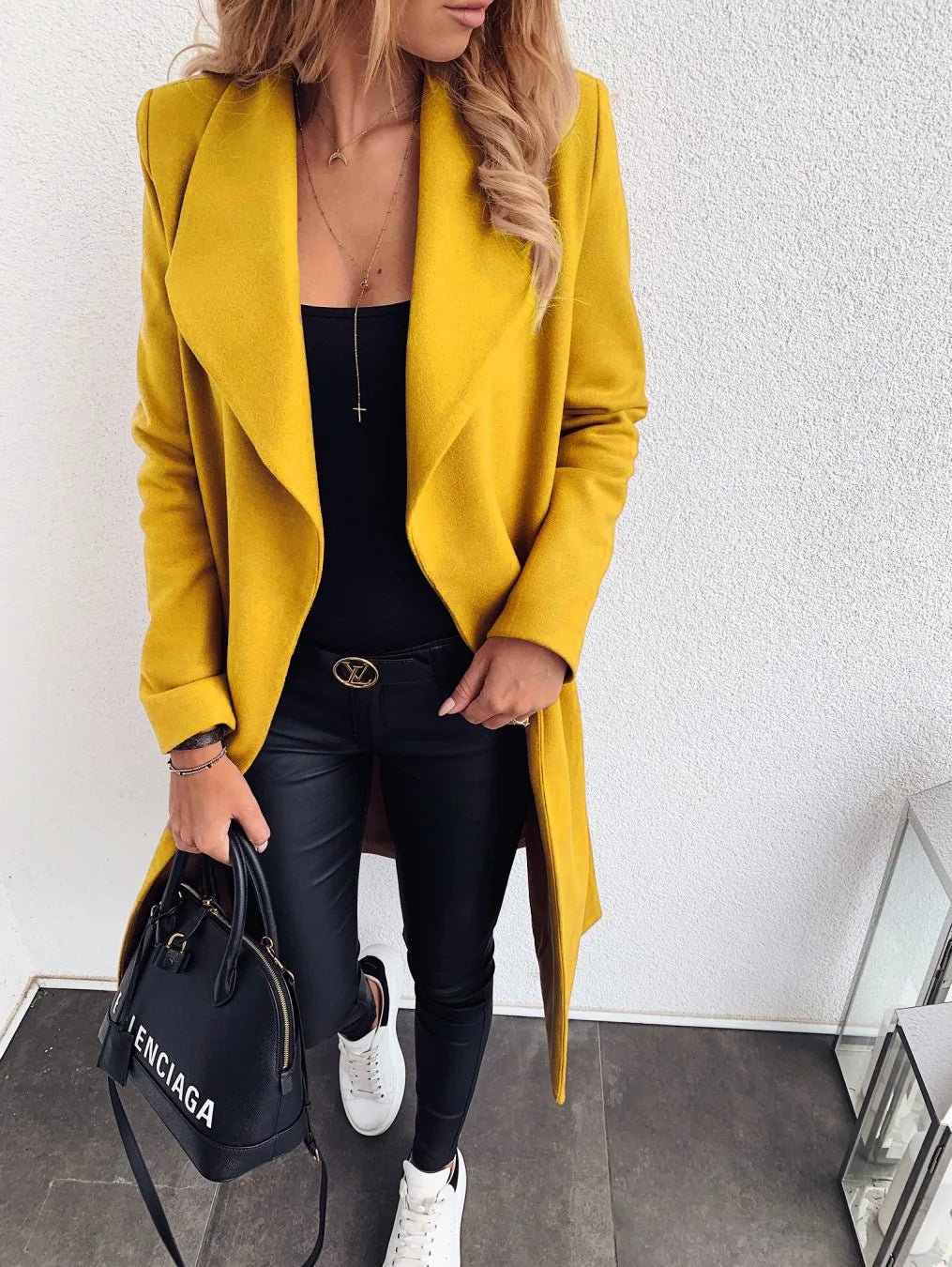Damen mittellanger Wollmantel mit Knopfverschluss und Taschen