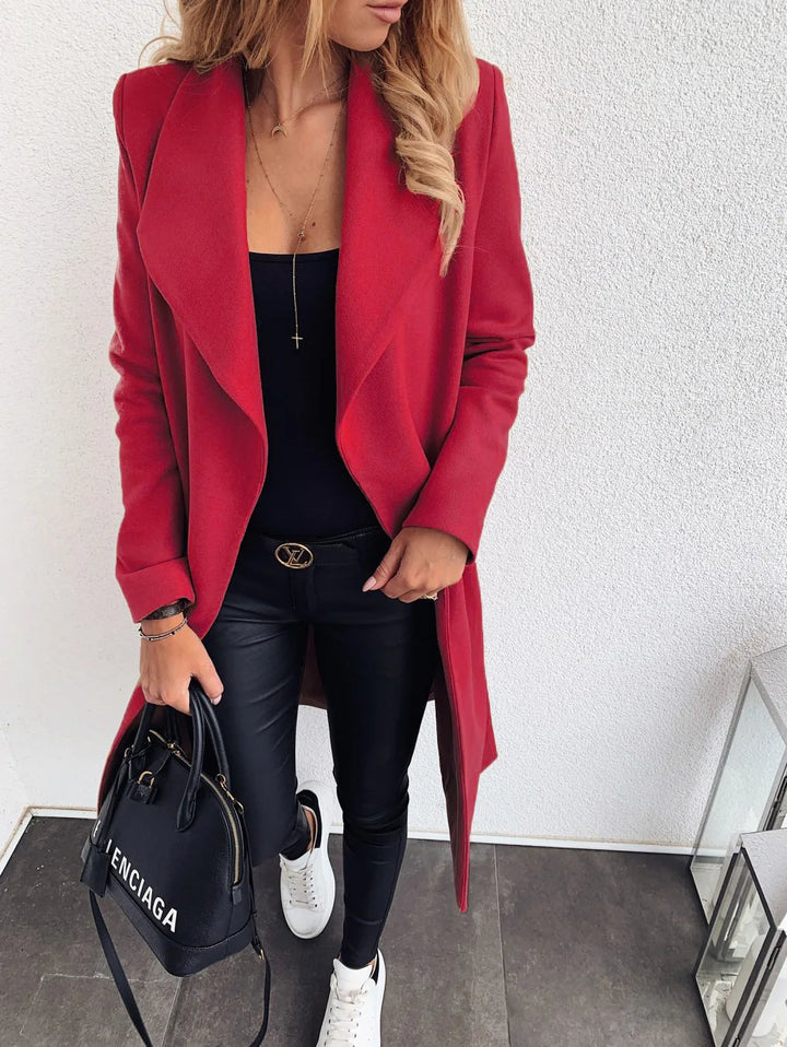 Damen Wollmantel in mittlerer Länge mit Knopfleiste und Taschen