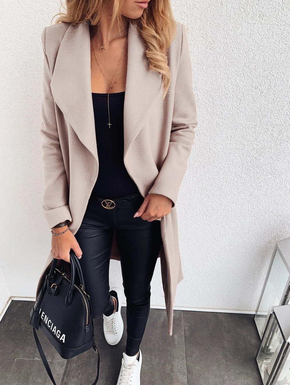 Damen mittellanger Wollmantel mit Knopfverschluss und Taschen