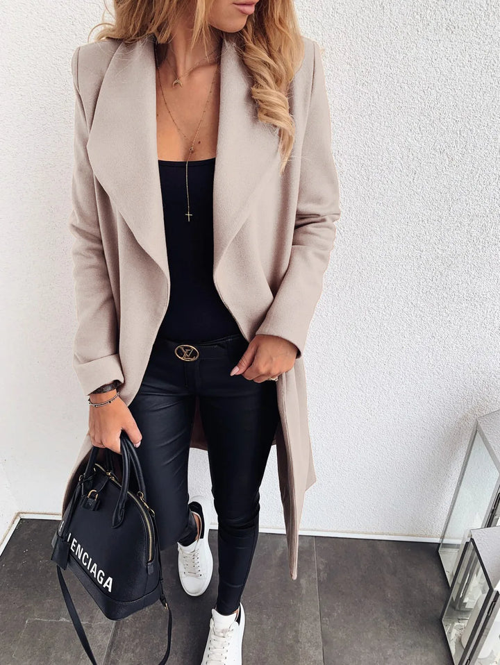 Damen mittellanger Wollmantel mit Knopfverschluss und Taschen