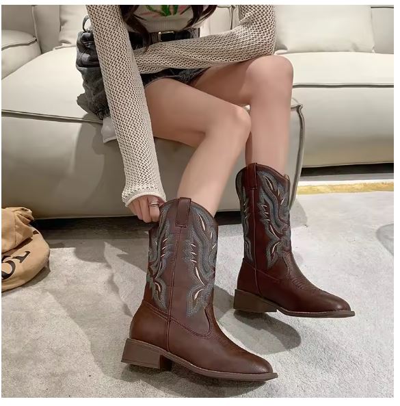 W&W Mode | Western Stil Stiefel Damen mit Spitzem Kopf und Blockabsatz, Cowboy Stiefel Damen