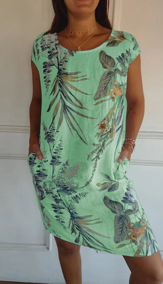 W&W Mode | Damenkleid aus Baumwolle und Leinen mit Rundhalsausschnitt