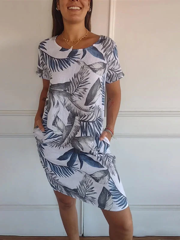 W&W Mode | Damenkleid aus Baumwolle und Leinen mit Rundhalsausschnitt