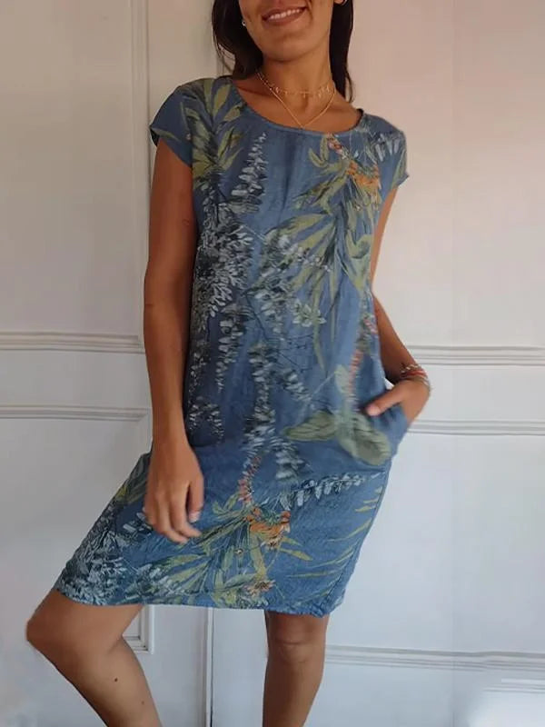 W&W Mode | Damenkleid aus Baumwolle und Leinen mit Rundhalsausschnitt