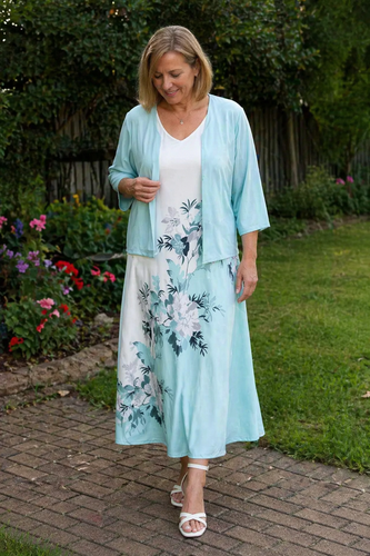 W&W Mode Kleid | Elegantes turquoise langes Blazer/Kleid-Set mit Blumenmuster