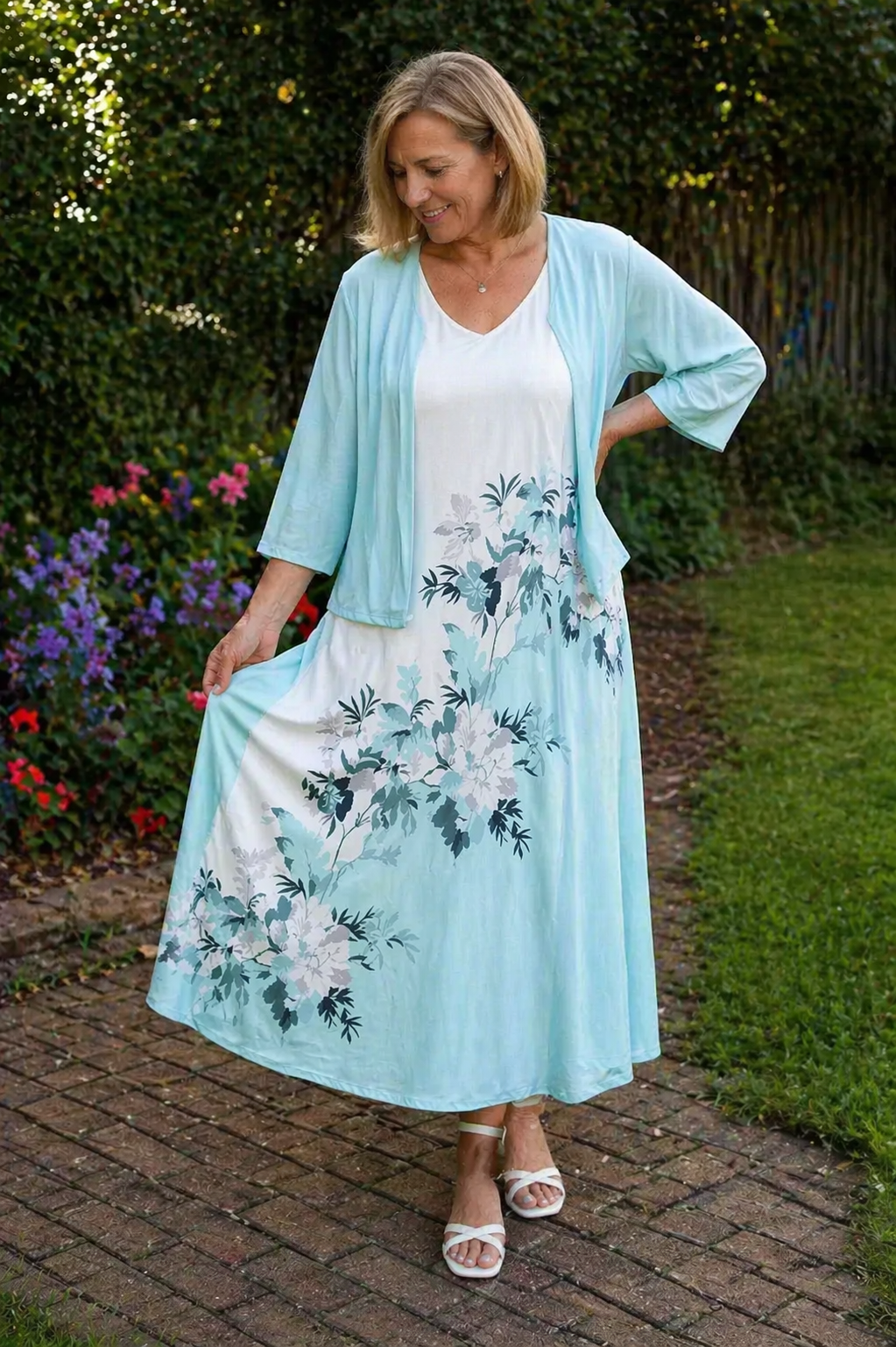 W&W Mode Kleid | Elegantes turquoise langes Blazer/Kleid-Set mit Blumenmuster