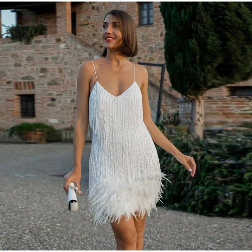 W&W Mode | Spagetti Träger Federn Minikleid Partykleid