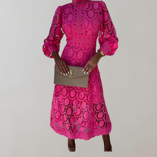 W&W Mode - Midikleid mit hohem Halsausschnitt und Spitzendetails | Kleid mit Puffärmeln und taillierten Bündchen